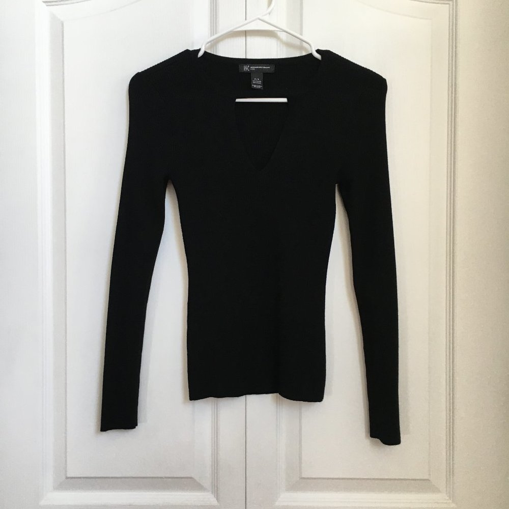 INC Women Ribbed Long Sleeves Sweater Black Cut out Front Petite XS